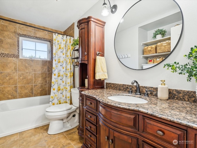 bathroom featuring shower / bath combination with curtain, vanity, and toilet