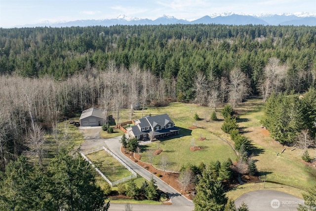 bird's eye view featuring a mountain view and a wooded view