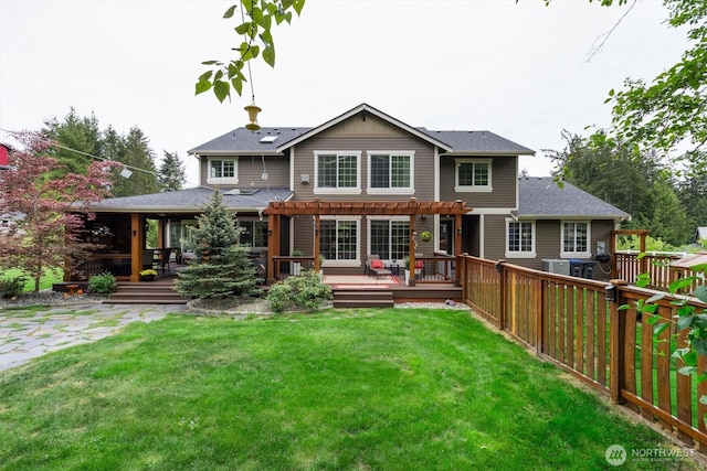17341 Citori Pl NW, Poulsbo, WA 98370 - back of house featuring a pergola, a wooden deck, cooling unit, and roof with shingles