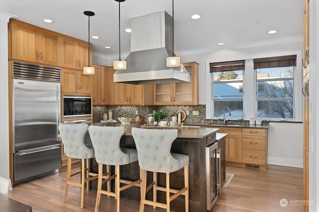 kitchen with sink, island range hood, built in appliances, pendant lighting, and decorative backsplash