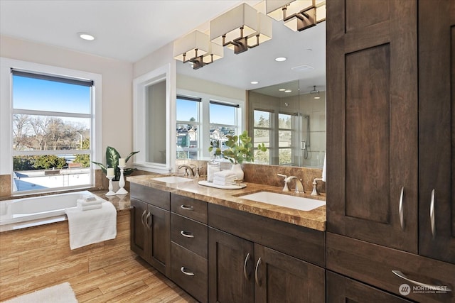 bathroom featuring vanity, separate shower and tub, and hardwood / wood-style floors