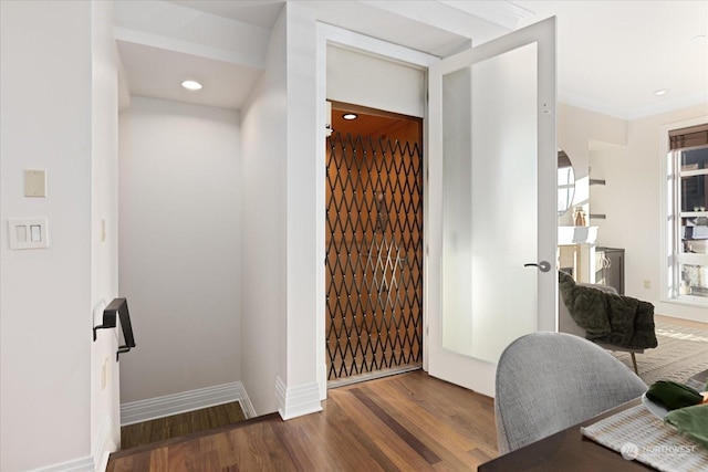 office area featuring dark wood-type flooring