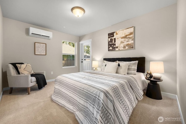 bedroom featuring baseboards, carpet, and an AC wall unit