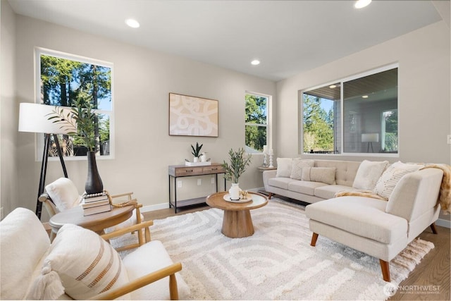 living room with baseboards, recessed lighting, and wood finished floors