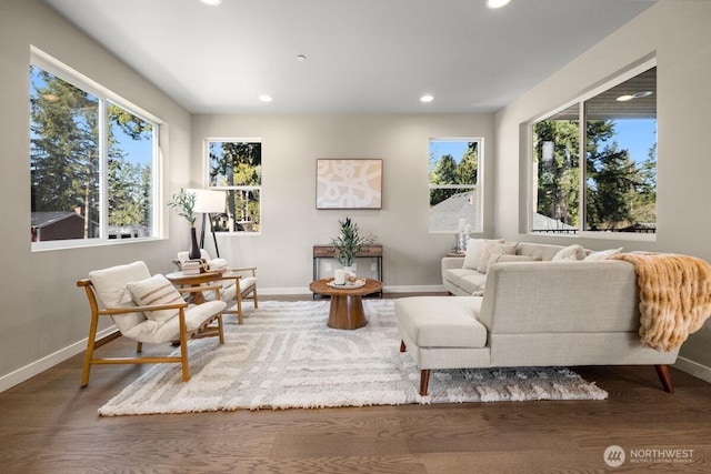 living area with recessed lighting, baseboards, and wood finished floors