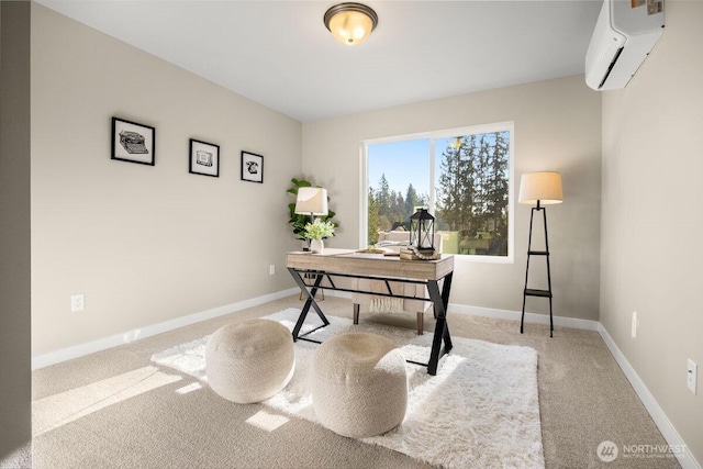 office area with baseboards, carpet, and an AC wall unit