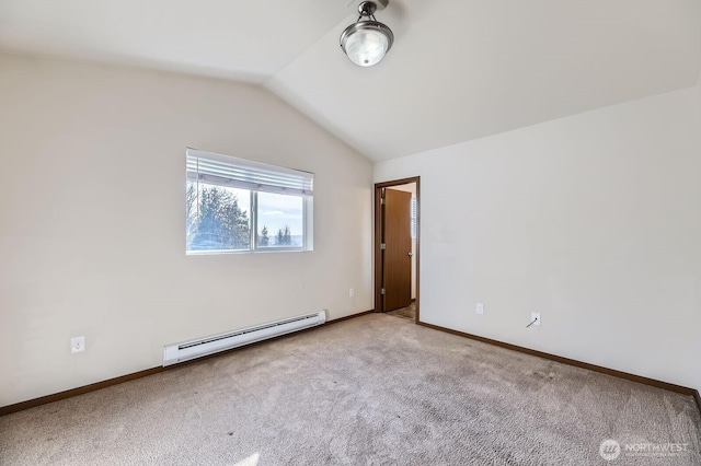 unfurnished room with vaulted ceiling, carpet floors, a baseboard radiator, and baseboards