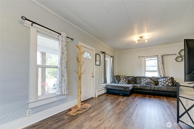 living room with a baseboard heating unit, dark wood-type flooring, and ornamental molding