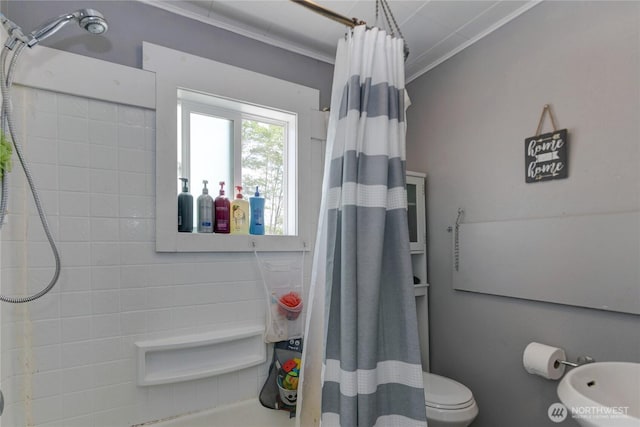 bathroom featuring toilet and ornamental molding