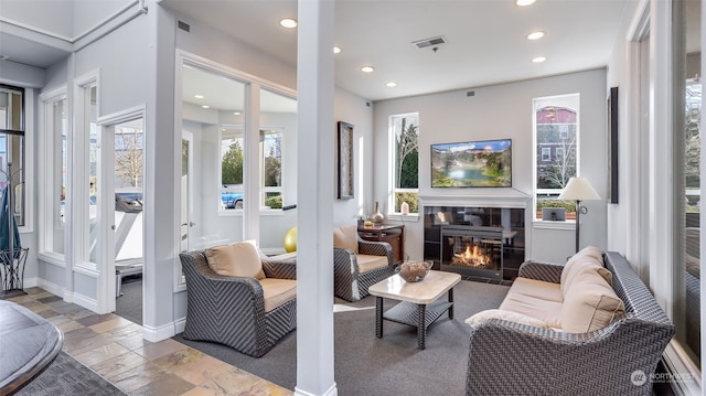 living room with a fireplace