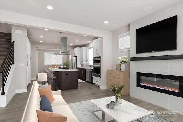 living room with a fireplace, dark hardwood / wood-style flooring, and sink