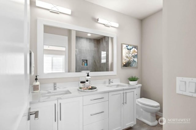 bathroom with vanity, tiled shower, and toilet