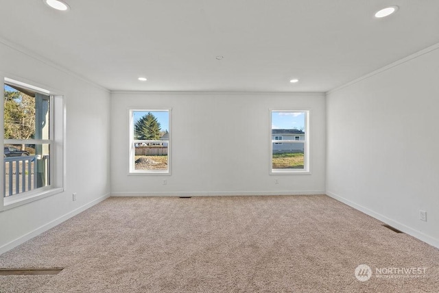 carpeted spare room with crown molding