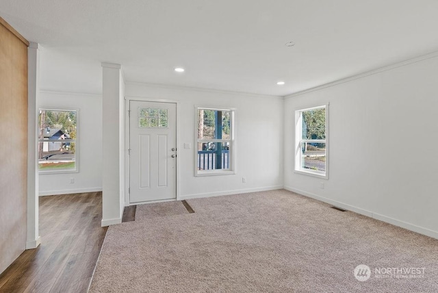 carpeted entrance foyer with crown molding and a wealth of natural light