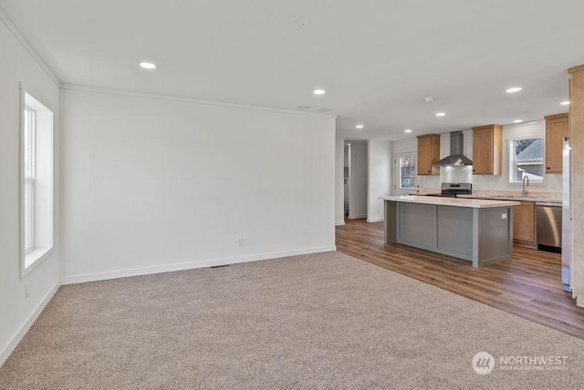 kitchen with wall chimney range hood, crown molding, appliances with stainless steel finishes, a center island, and carpet floors