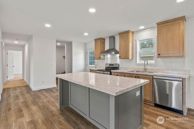 kitchen featuring wall chimney range hood, hardwood / wood-style flooring, sink, stainless steel appliances, and a kitchen island