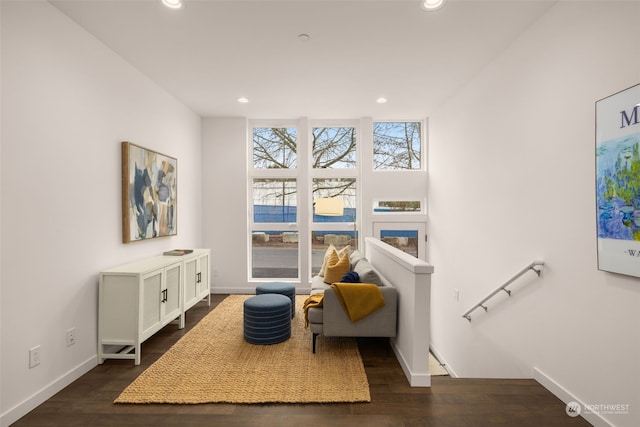 living area with dark wood-type flooring, plenty of natural light, and a wall of windows