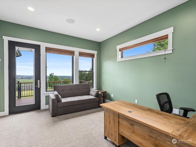carpeted home office featuring recessed lighting