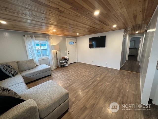 living room featuring wooden ceiling and dark hardwood / wood-style flooring