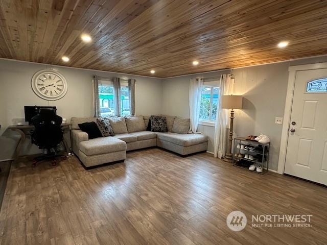 living room with hardwood / wood-style flooring and wooden ceiling