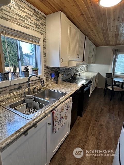 kitchen featuring tasteful backsplash, sink, wooden ceiling, and white cabinets