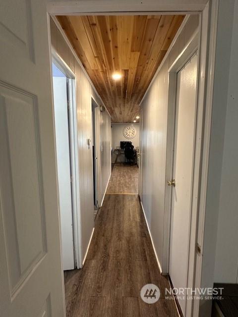 hall with dark hardwood / wood-style flooring and wood ceiling