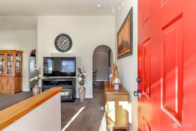 living room with dark carpet