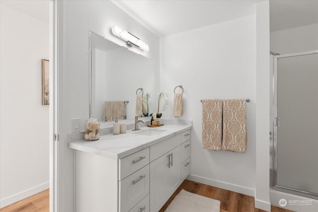 bathroom featuring hardwood / wood-style flooring, vanity, and a shower with shower door