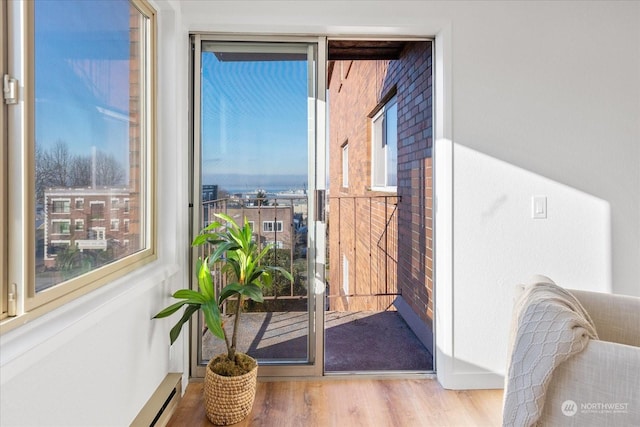 entryway featuring hardwood / wood-style flooring and a baseboard heating unit