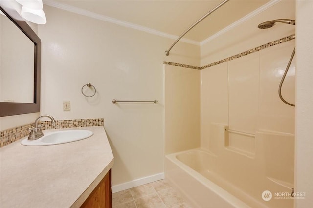 bathroom with shower / tub combination, decorative backsplash, tile patterned flooring, vanity, and crown molding