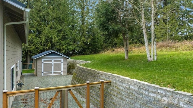 view of yard featuring a storage shed