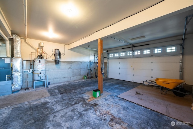 garage with heating unit and secured water heater