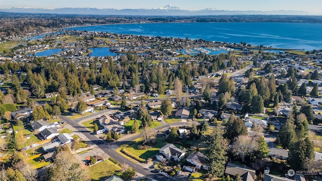 drone / aerial view featuring a water and mountain view