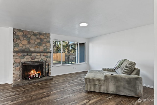 living area featuring dark wood-type flooring and a fireplace