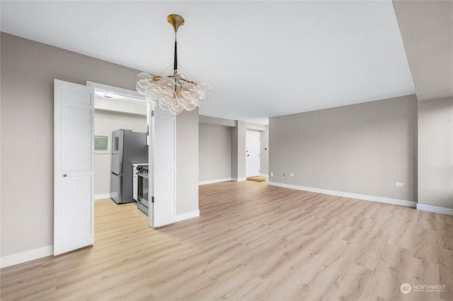 unfurnished dining area with a chandelier and light wood-type flooring