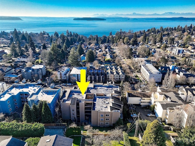 birds eye view of property featuring a water and mountain view