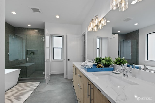 bathroom featuring vanity and independent shower and bath