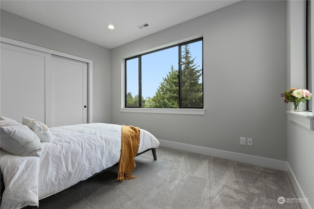 bedroom featuring carpet flooring and a closet