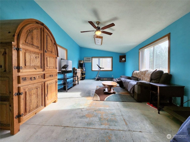 living room with ceiling fan and vaulted ceiling