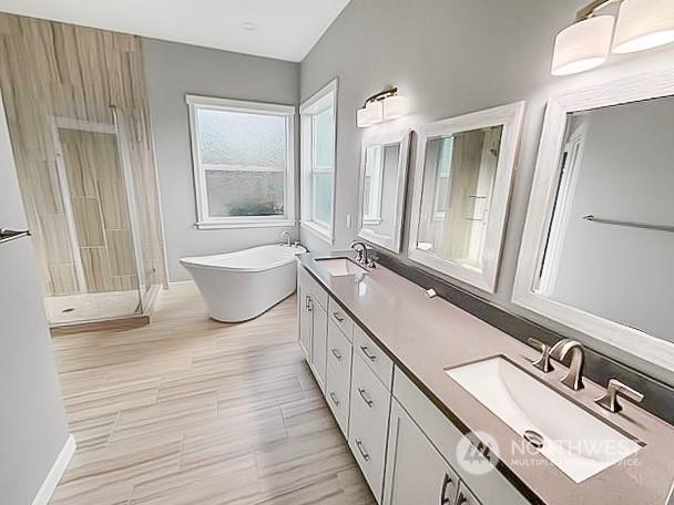 bathroom with vanity and independent shower and bath