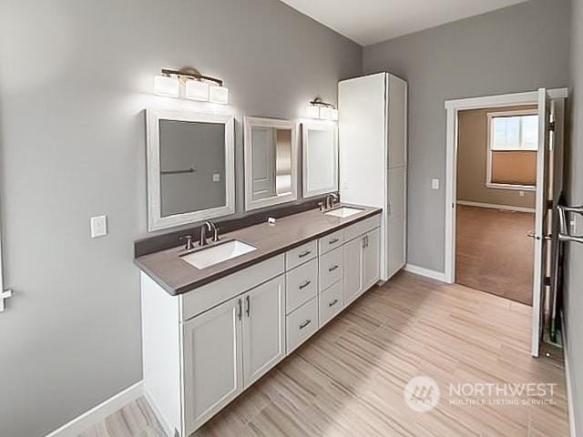 bathroom featuring vanity and wood-type flooring