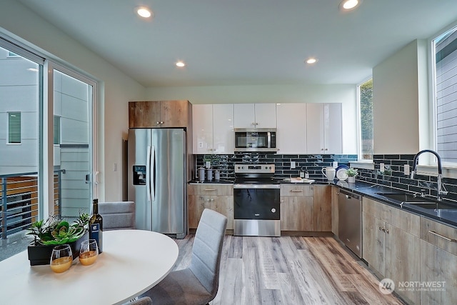 kitchen with sink, appliances with stainless steel finishes, white cabinetry, backsplash, and light hardwood / wood-style floors