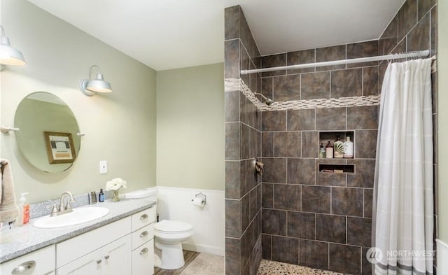 bathroom featuring vanity, toilet, and a shower with shower curtain