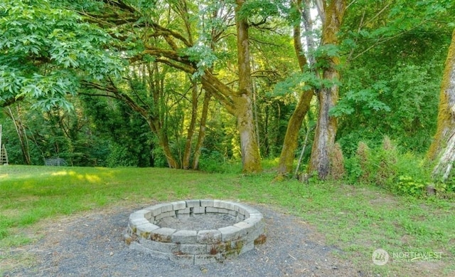 view of yard featuring an outdoor fire pit