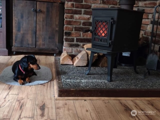 details featuring hardwood / wood-style floors and a wood stove