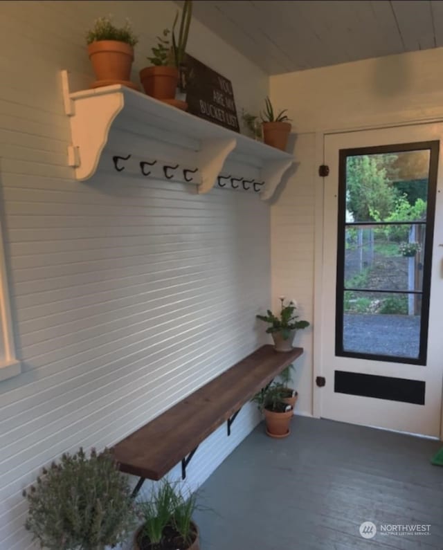 mudroom with wooden ceiling