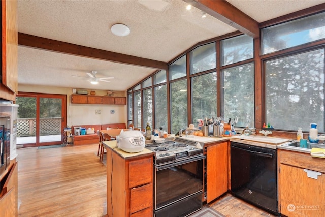 kitchen featuring electric stove, dishwasher, light hardwood / wood-style floors, and vaulted ceiling with beams