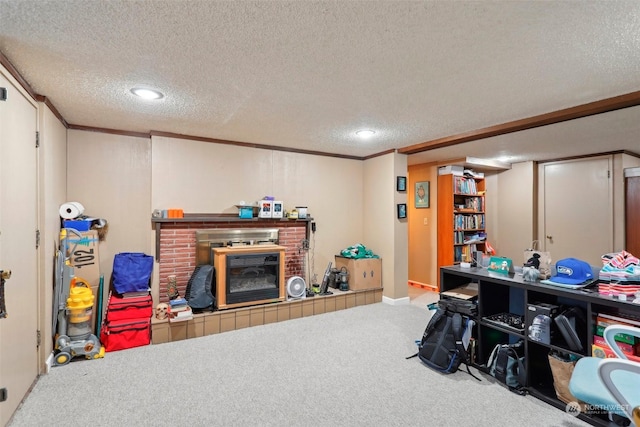 interior space featuring crown molding, carpet floors, a brick fireplace, and a textured ceiling