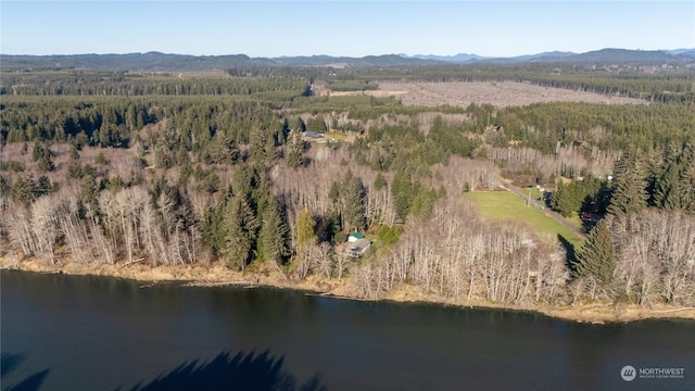 birds eye view of property featuring a water and mountain view