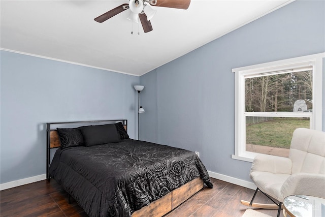 bedroom with dark wood-type flooring and ceiling fan